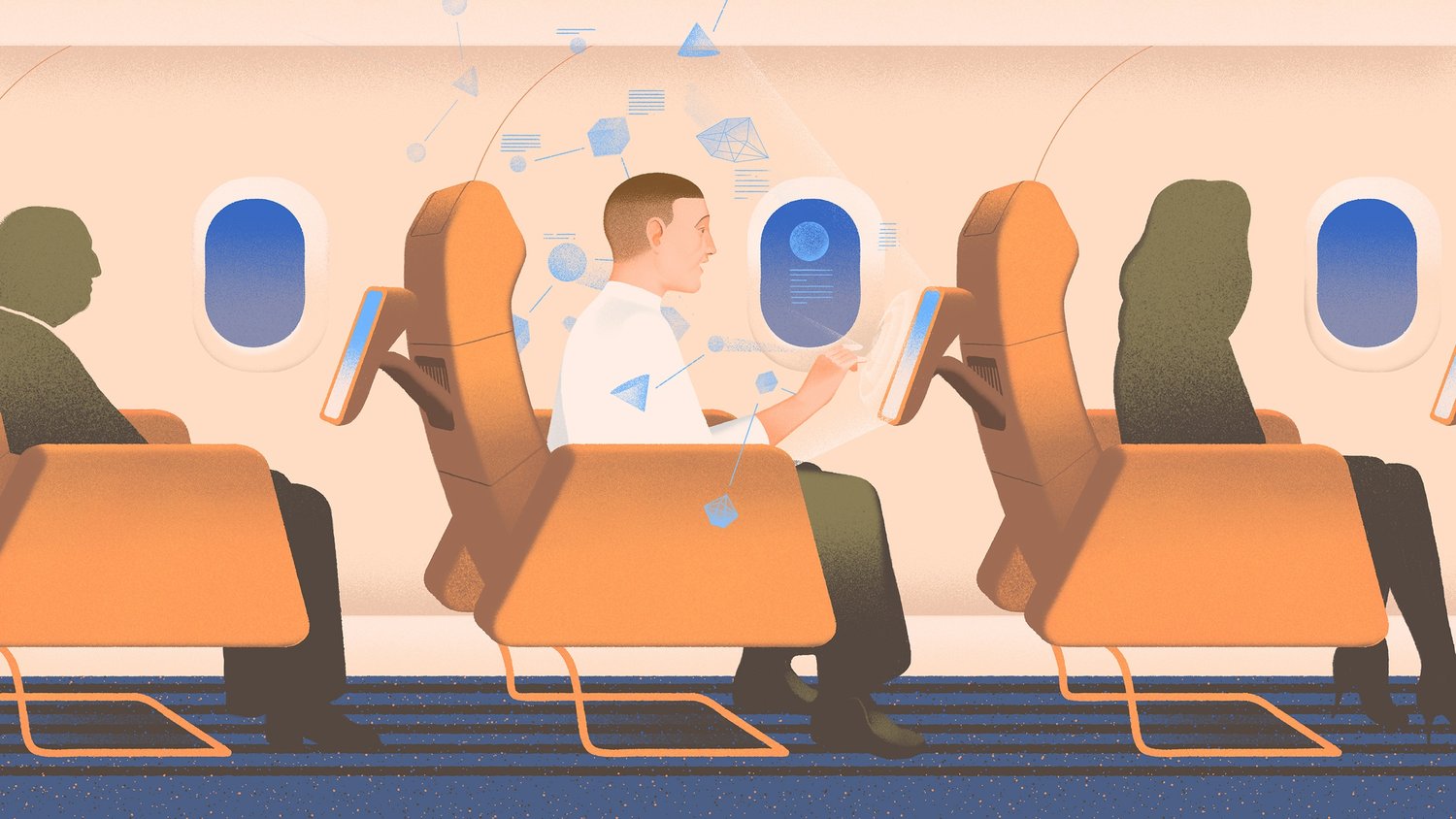 An illustration of a person in an airplane using an IFE system