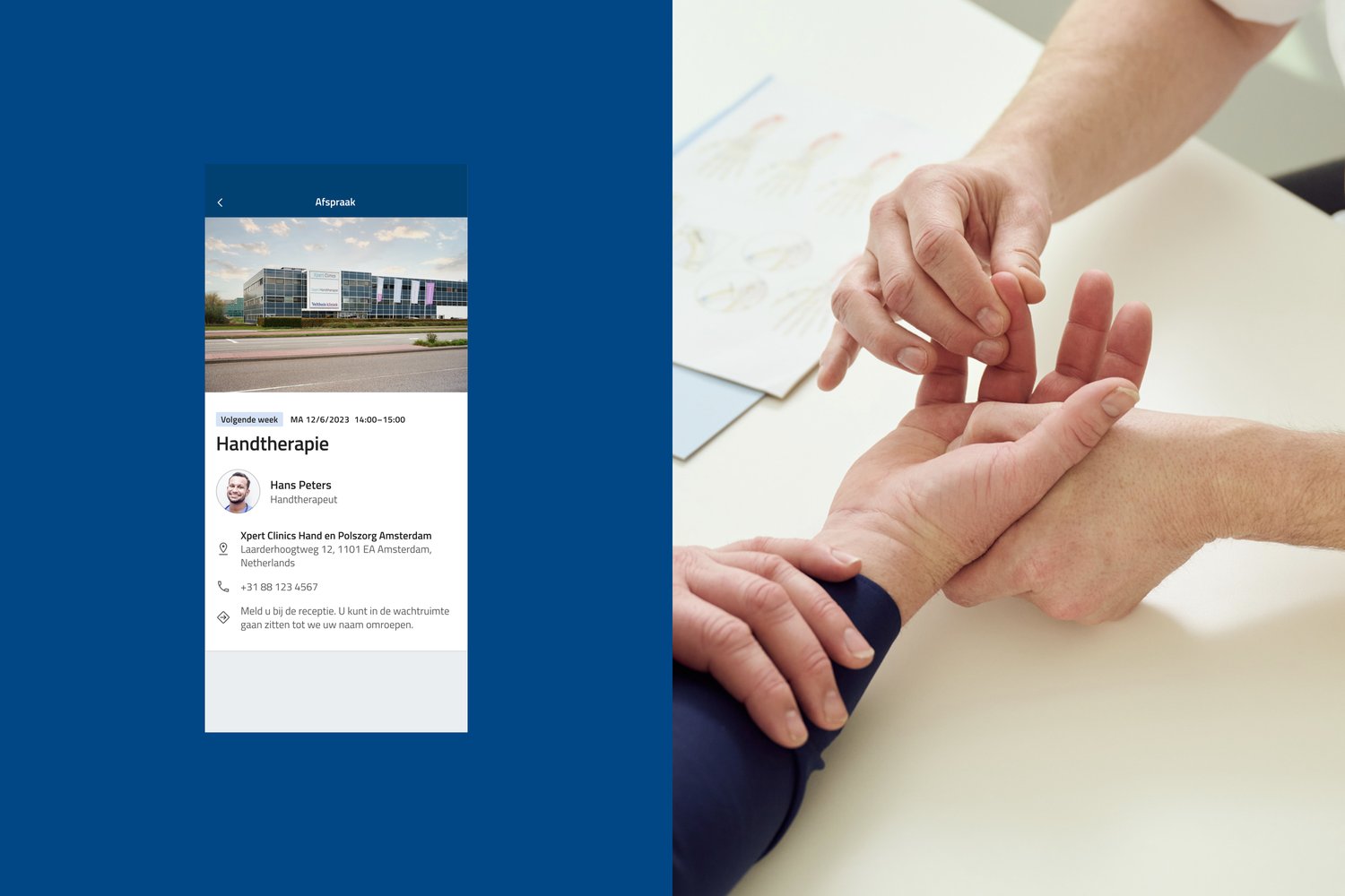 An image of the app UI with an image of a doctor examining patients hands