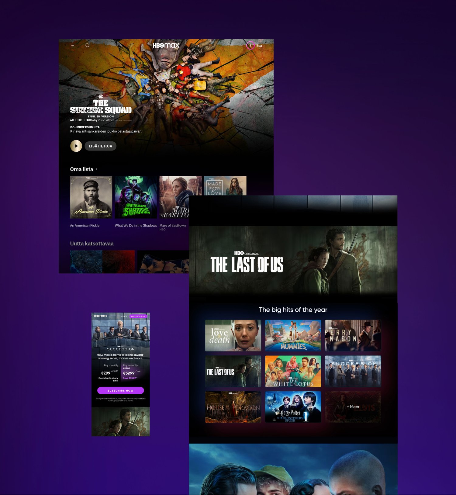 UI images of HBO max streaming service