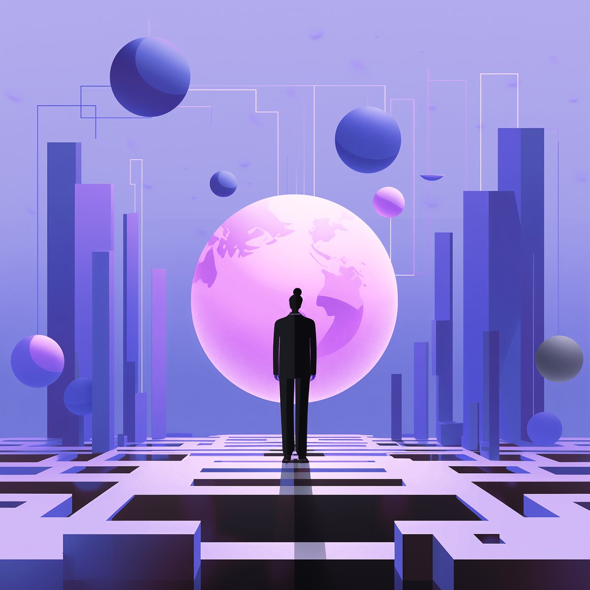 Person looking at a neon pink globe, standing on a maze