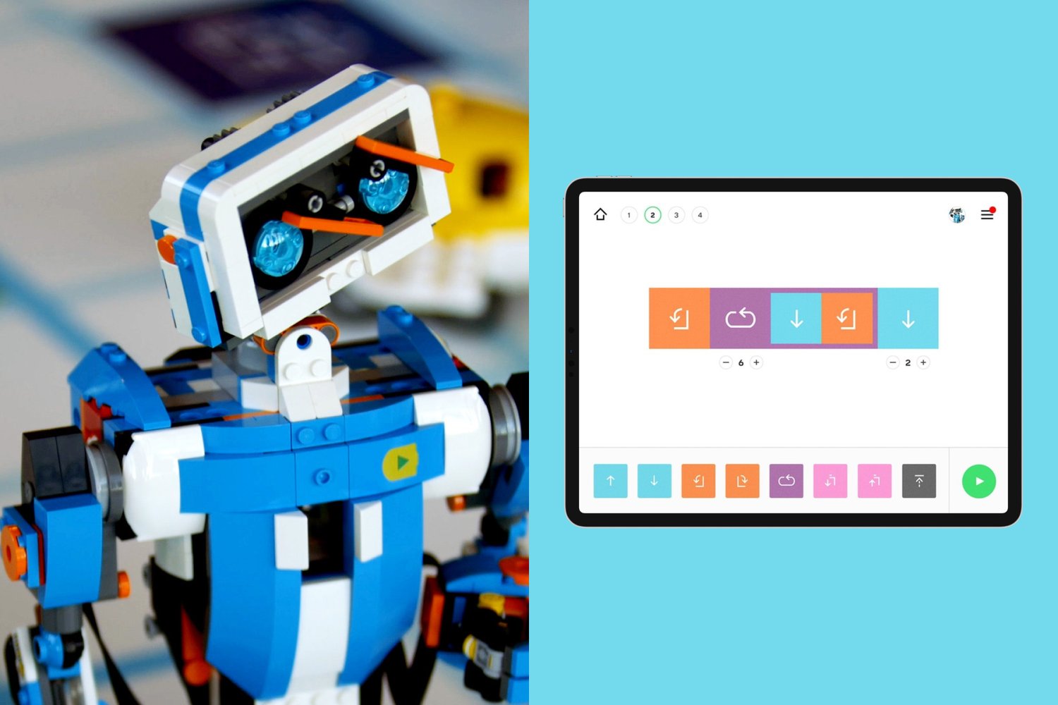 Reaktor x LEGO code school app UI and a robot made of legos