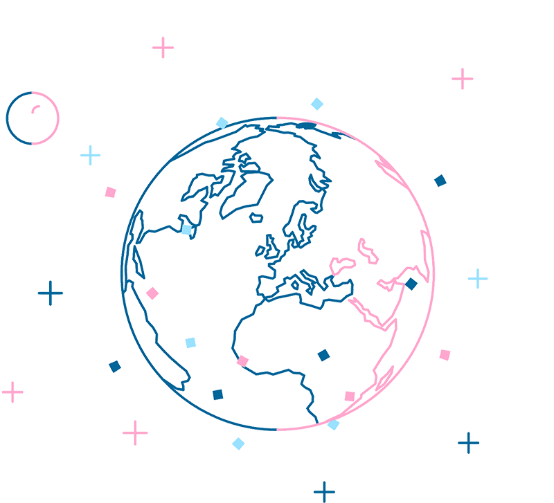 A line illustration of the Earth pictured from space, showing Europe, Africa and parts of the Americas. Plus-signs, squares and spheres circle the Earth.