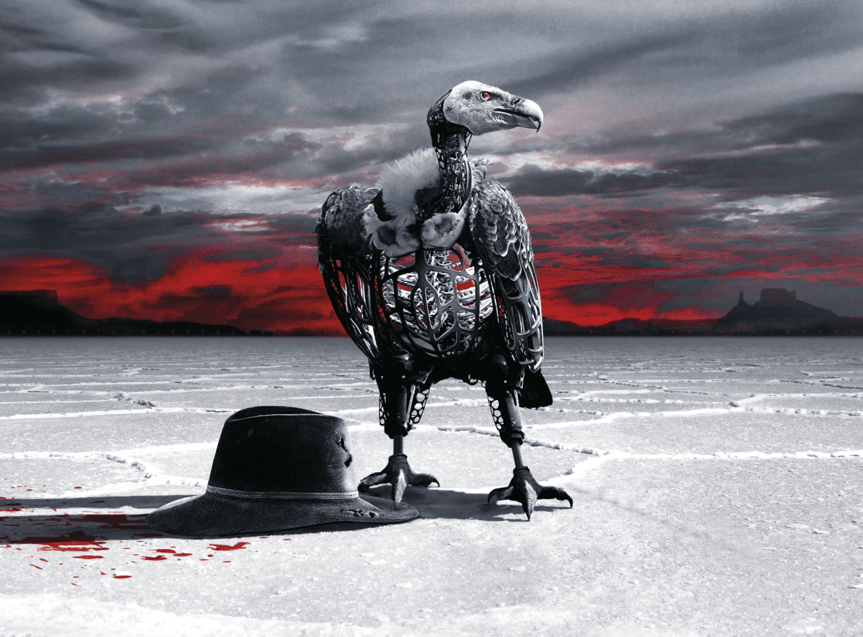 A scene from the HBO series Westworld: A robotic vulture bird with a black hat.