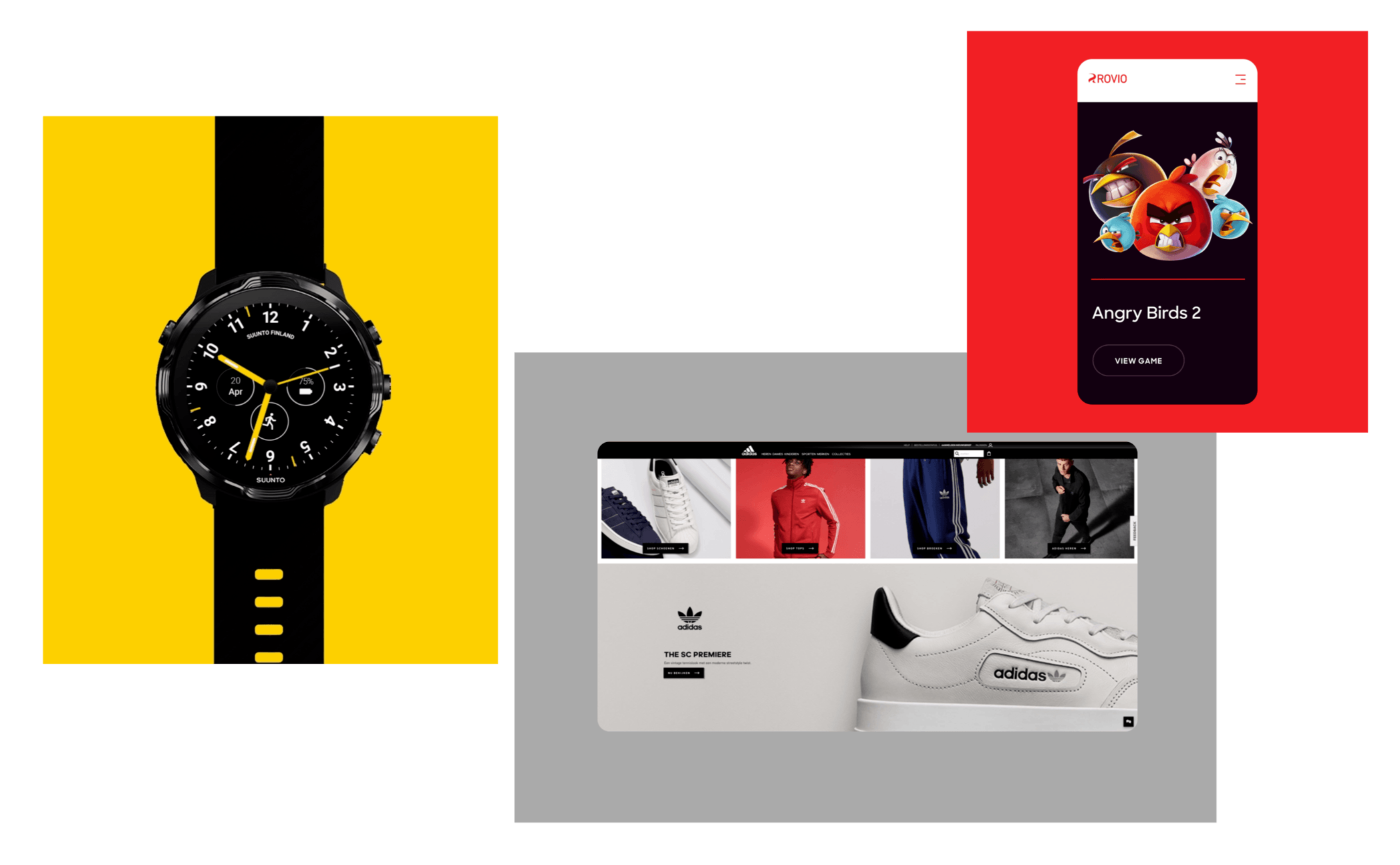 Screens of Rovio, Adidas, and Suunto